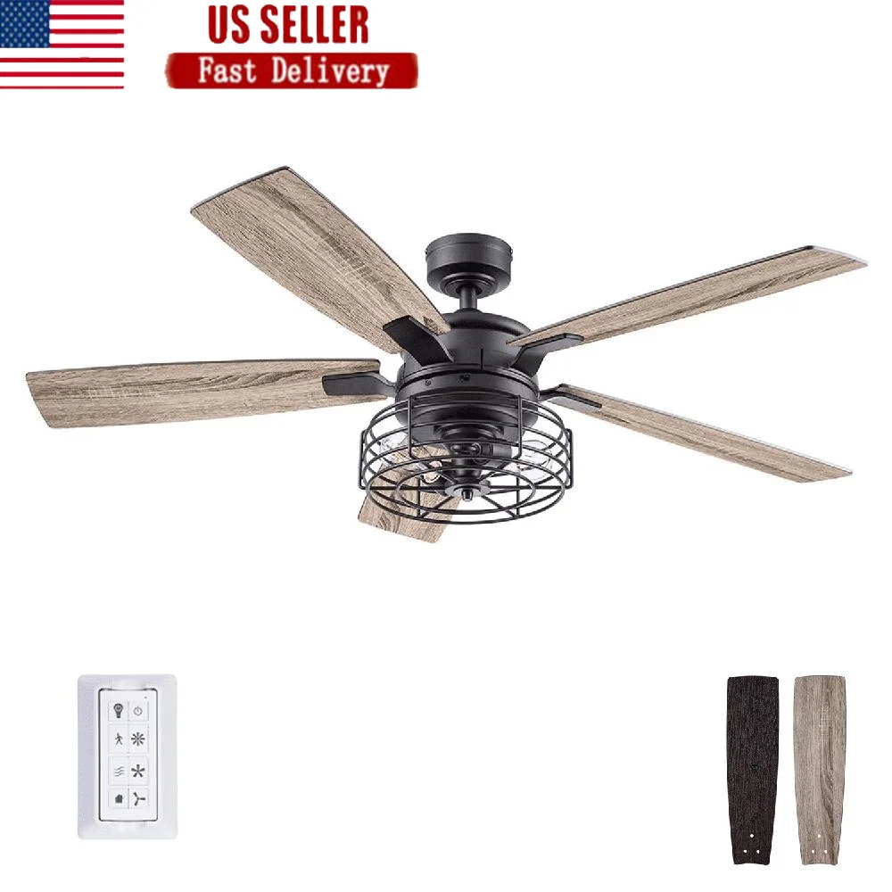 52 Inch Ceiling Fan with Light Dimmable Edison Bulbs Remote Control Industrial Chic Reversible Blades Home Living Room Bedroom