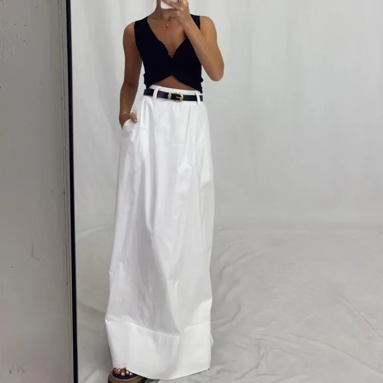 

New White High Waist A-Line Skirt Simple Loose Women's Skirt Cotton Casual High Waist Design Easy to Wear Zipper Ba