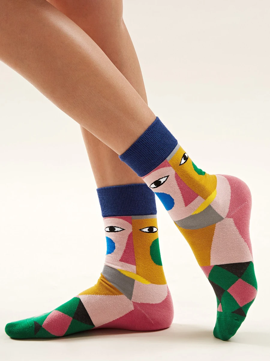 1 Pair Women Colorful Cotton Socks Women Fashion Cute Korean Harajuku Mid Length Socks New Arrival Novelty Funny Socks