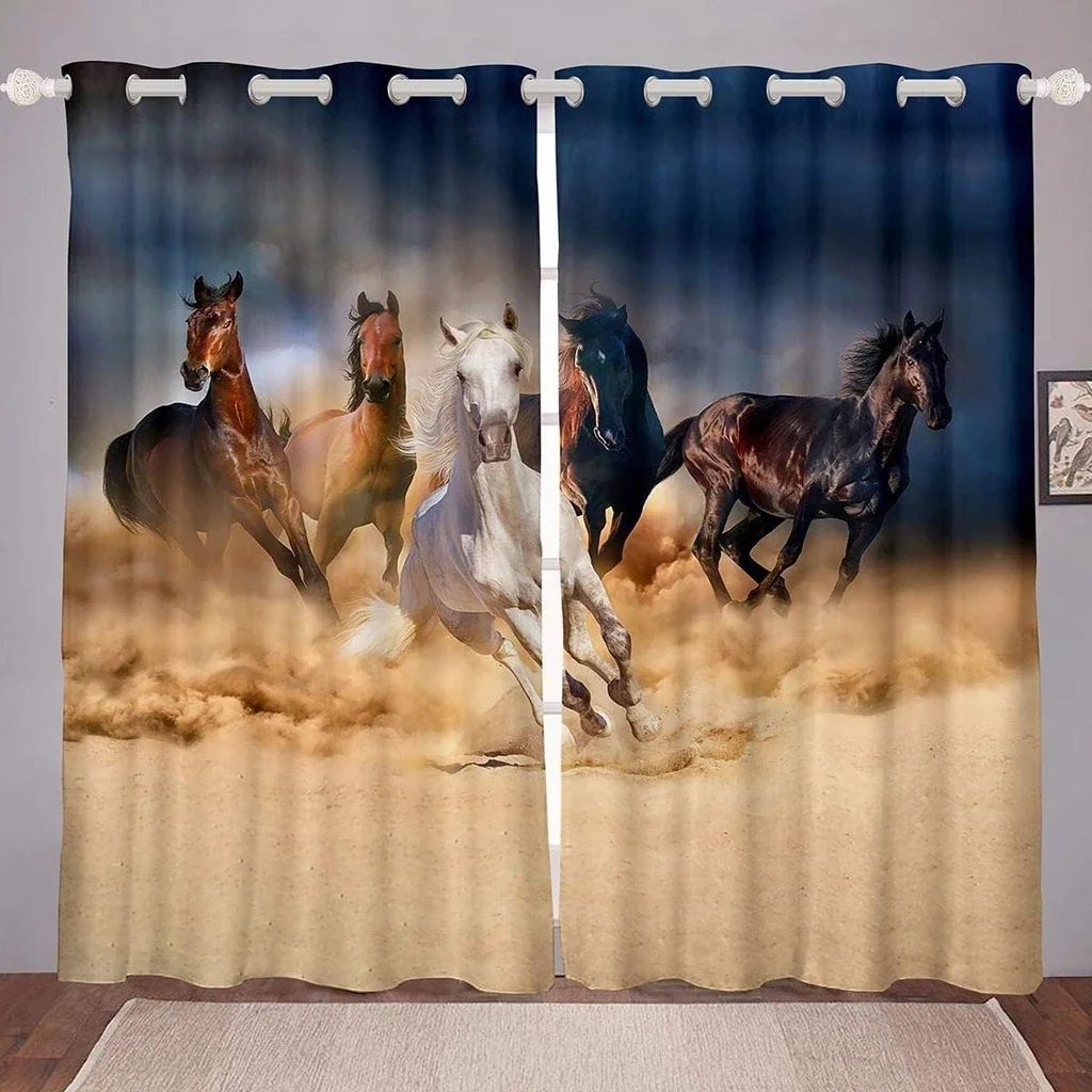 Realistic Wild Animal Horse Window Curtains Drapes for Kids Bedroom Living Room Kitchen Door Home Decor 2Pieces