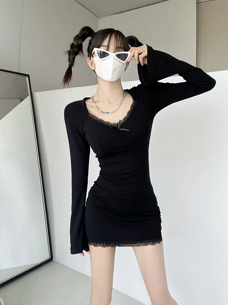 

Pure Desire Lace Trim Sexy Waist Cinching Long Sve Thin Fce Women's Dr Butt Covering with Chest Pad ort Dr