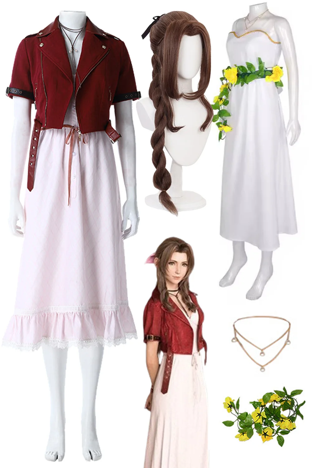 Aerith Women Cosplay Game Final Cosplay Fantasy Adult Fantasia White Dress wig Halloween Party For Ladies Role Play Clothes