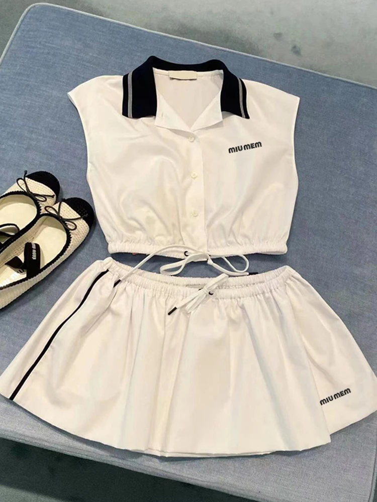 

High-End Summer College Sle Miu System irt Top + f Skirt Set Women's Faionable Two-Piece Suit with Button Closure