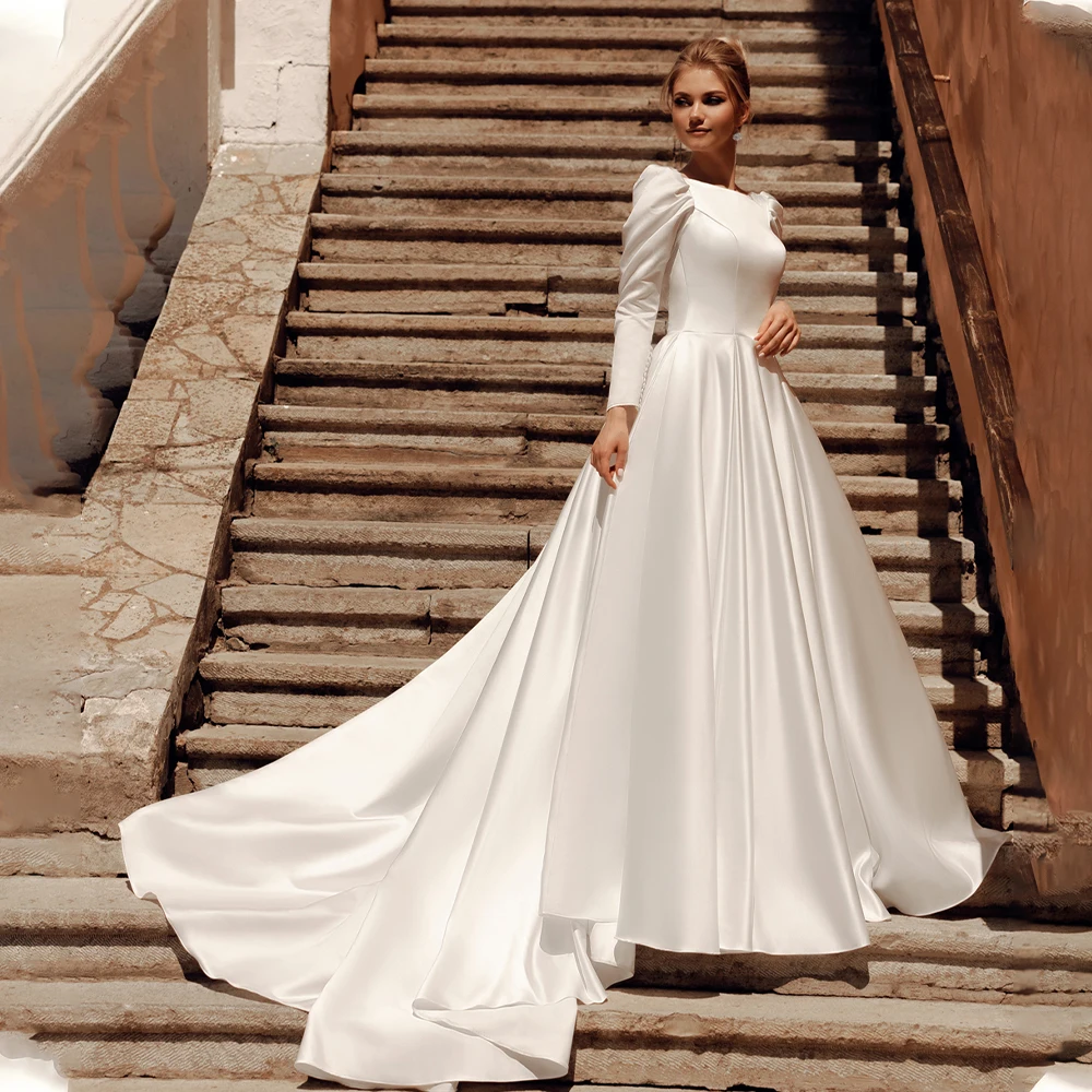

Popular Long Sleevs Scoop Neckline Satin A Line Wedding Dress Backless Sweep Train Custom Made Vestido De Noival