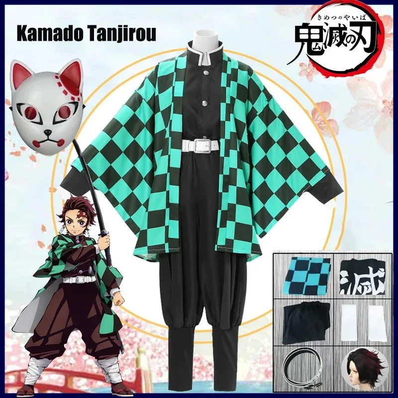 

Tanjirou Kamado Cosplay Custume Anime Demon Slayer Kimetsu No Yaiba Clothes For Adult Kid Uniform Set Party Gift Wig Mask Kimono
