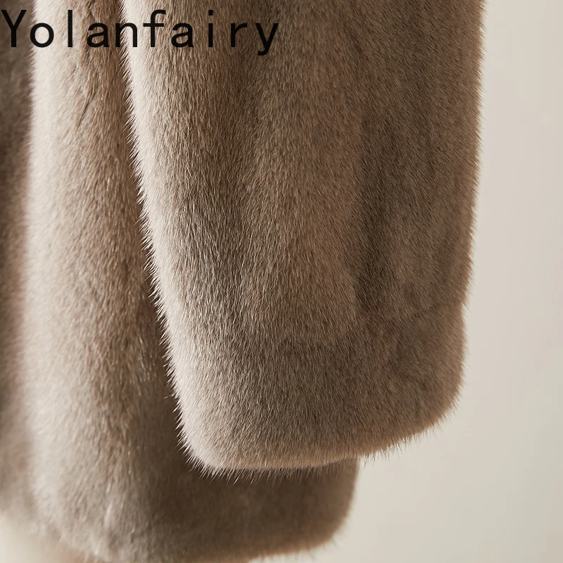 YOLANFAIRY معطف فرو المنك الطبيعي امرأة الخريف الشتاء الخامس الرقبة الفراء الحقيقي سترة النساء الملابس منتصف طول معاطف فرو المنك كاملة 2025