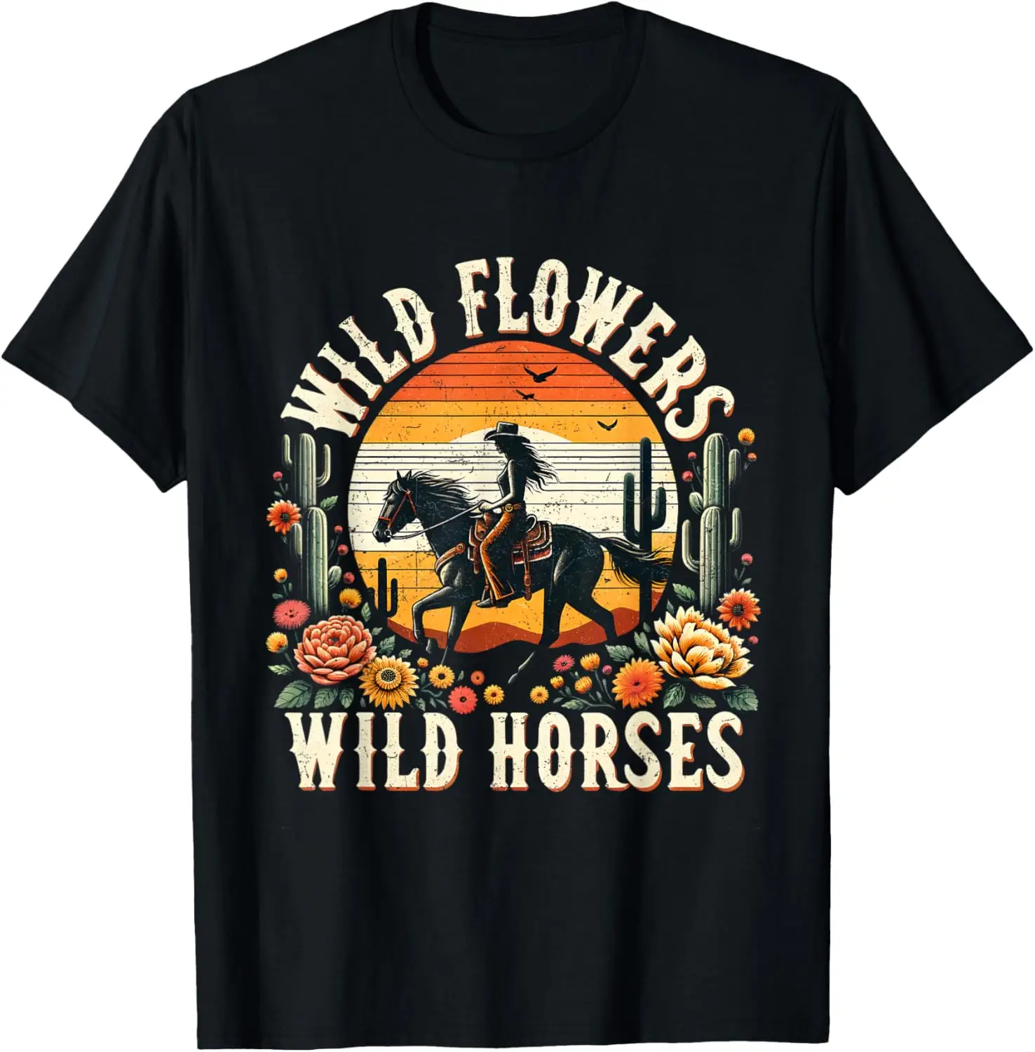 Sunset Cowgirl Caballo de equitación Flores silvestres - Camiseta Caballos silvestres