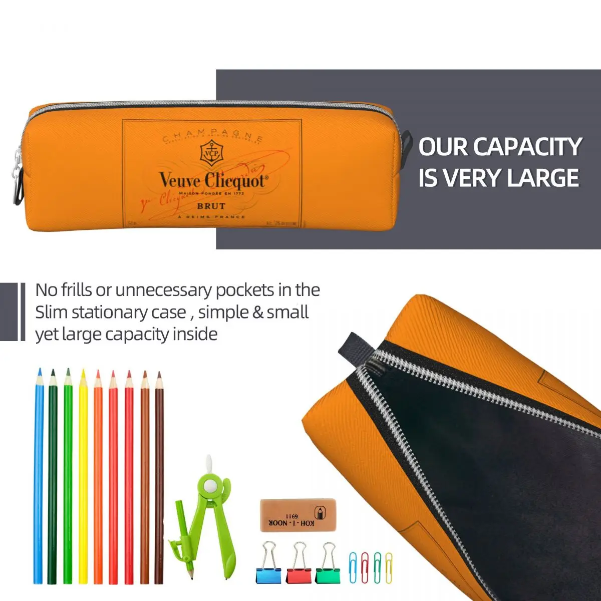 Champagne Orange Pencil Case Veuves Clicquots Pen Box Bags Student Large Storage Students School Cosmetic Pencil Box