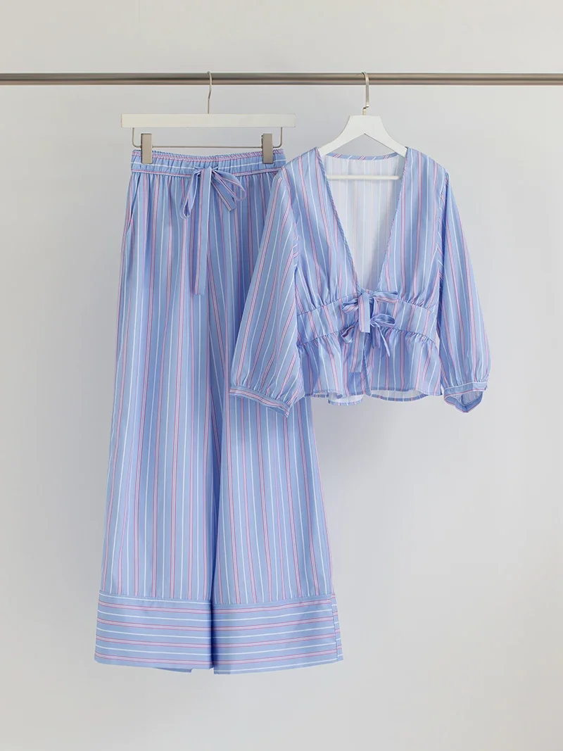 

Синий комплект из полосатой рубашки с длинными рукавами и бантом + брюк, летний повседневный пляжный комплект из двух предметов для женщин, сексуальный клубный наряд