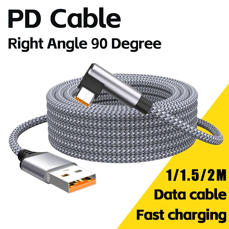 6A USB C Elbow Type-C Fast Charge Cable 1/1.5/2m Phone Extend Braided Charging Cable Durable For Samsung Huawei Xiaomi Gaming