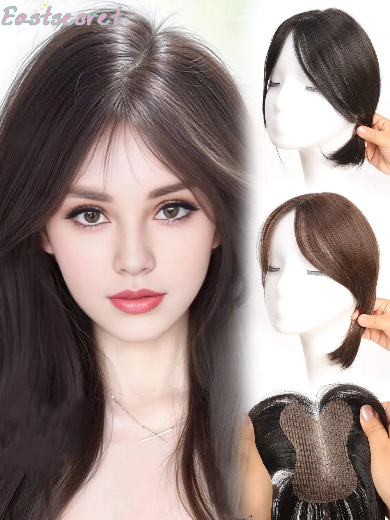 EAST Synthetic Hair Toppers no Clip In Hairpieces For Women Mid Part No Bangs Straight Hair Bangs Toupee Wiglets or Mild Hair