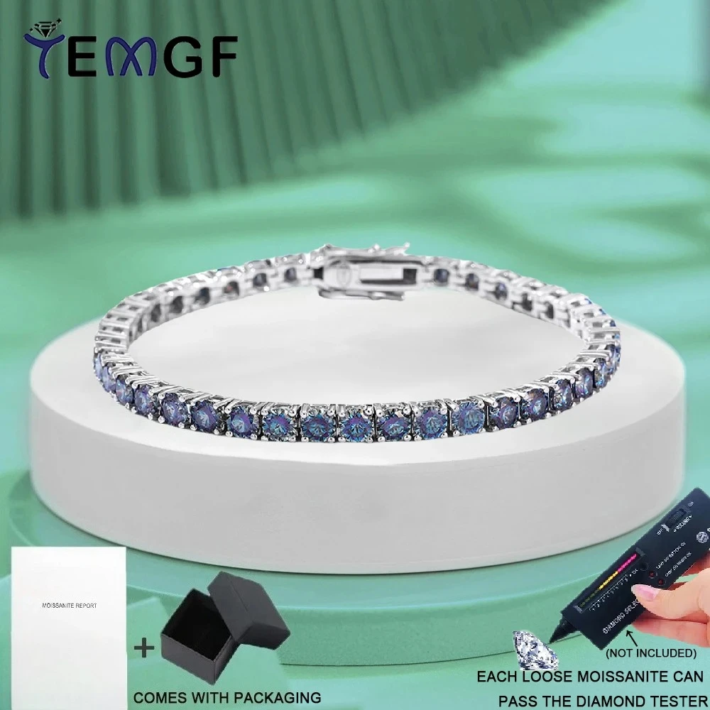 

TEMGF Colorful Blue Moissanite Bracelet S925 Sterling Silver for Women Girls Fine Jewelry Trendy Sparkling Unisex Birthday Gift