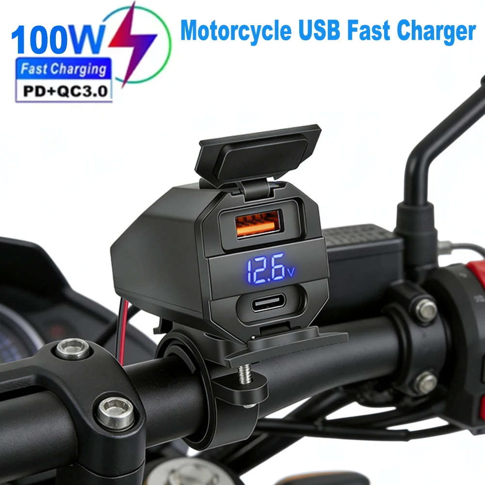 Motorcycle USB Fast Charger Handlebar USB Socket Charger PD QC3.0 Power Adapter with Digital Voltmeter Waterproof Power Adapter