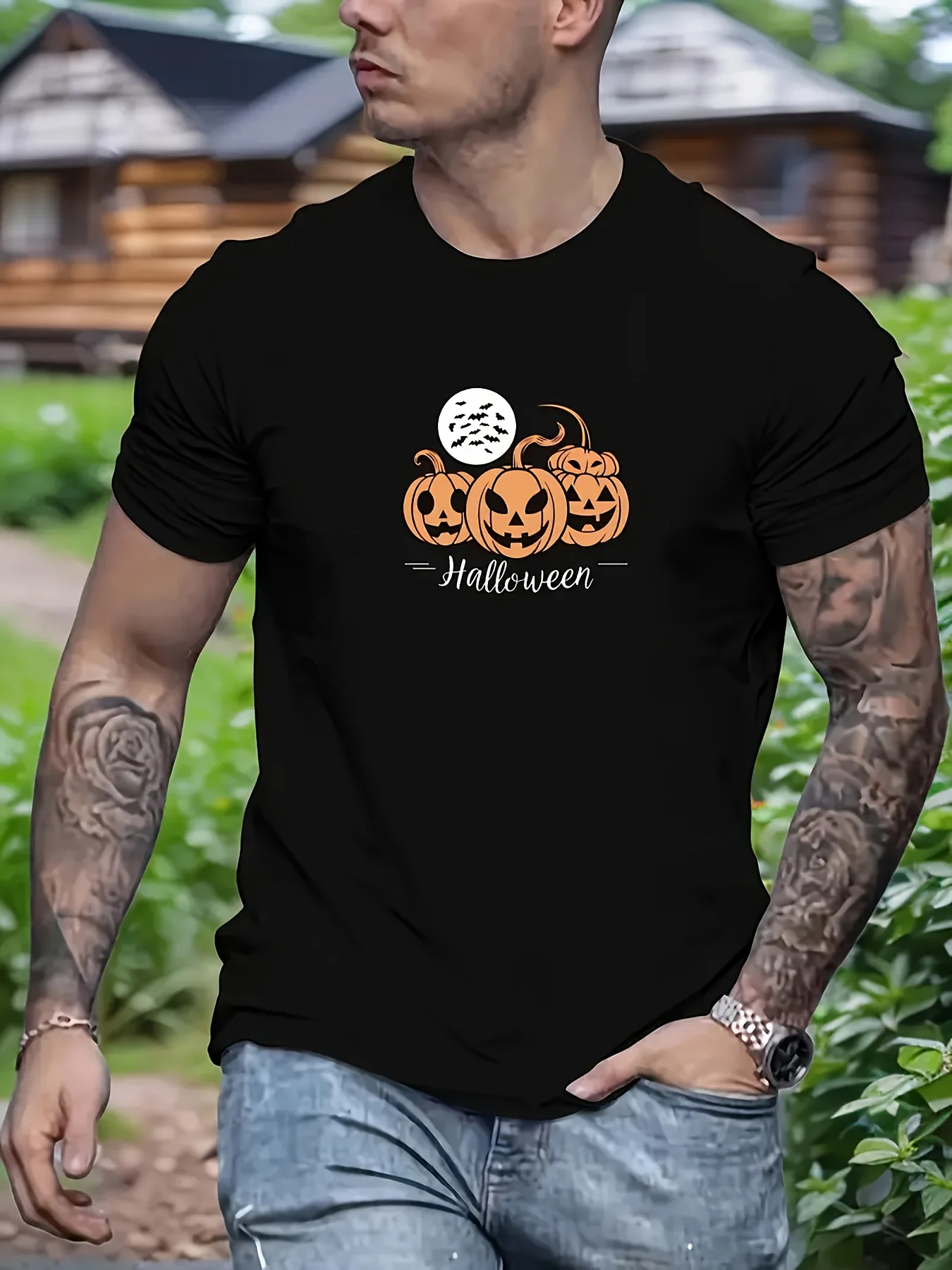 Men's Ghost Halloween Pattern T-Shirt - Soft and Breathable, Casual Crew Neck Short Sleeve, Solid Color with Bright Print Design