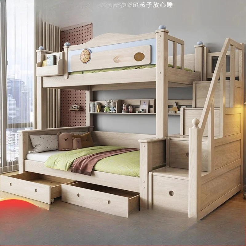 Ash wood solid wood upper and lower beds Two-layer high and low beds Mother and child beds Storage bunk