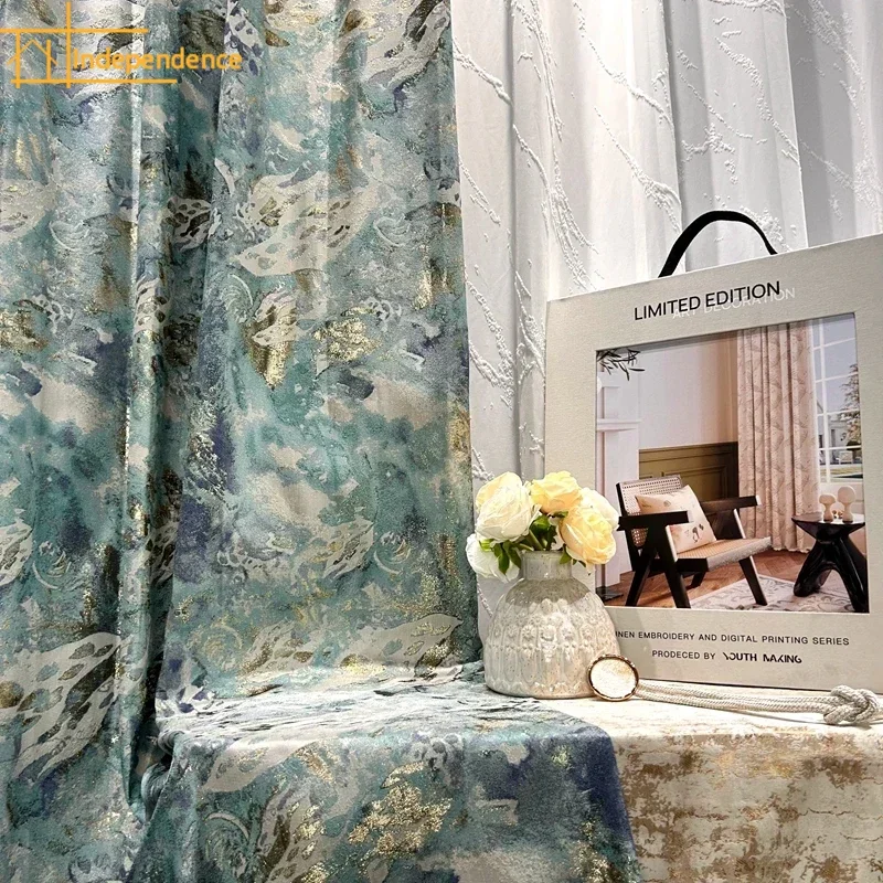 Blue Gold Line Oil Painting Jacquard Thickened Blackout Curtains for Living Room Bedroom French Window Balcony Window Customized