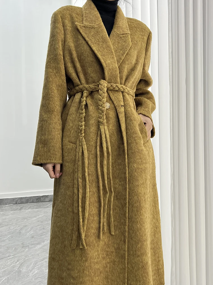 

High End Camel Velvet Woven Waistband Design Women Winter Autumn Wool Coat Double-sided Cashmere Coat for Women Woolen Coat
