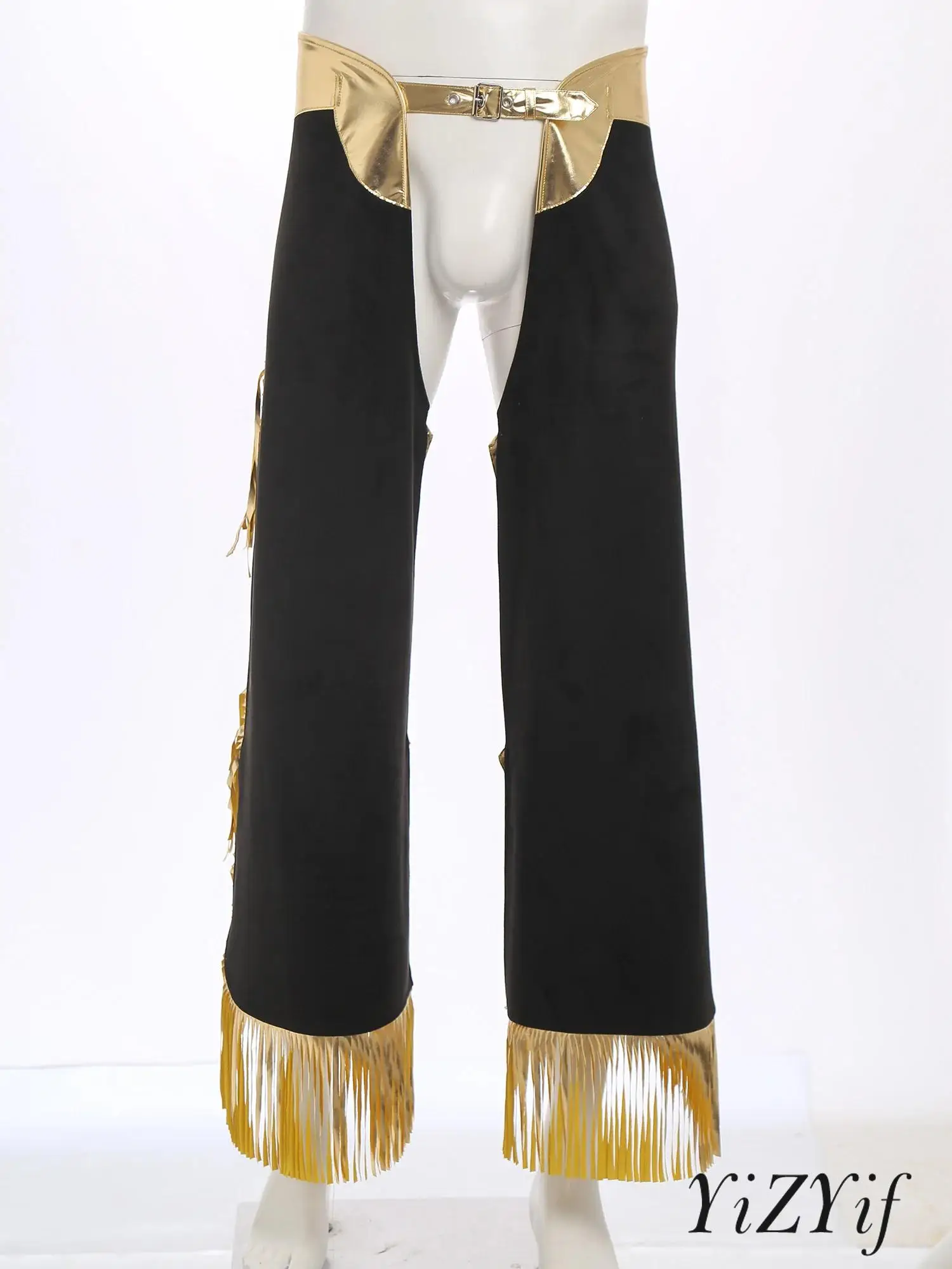 

Bull Riding Chaps for Men Shiny Fringed Pants with Decorative Crotch Cutout Rodeo Show Costume for Halloween Masquerade Ball