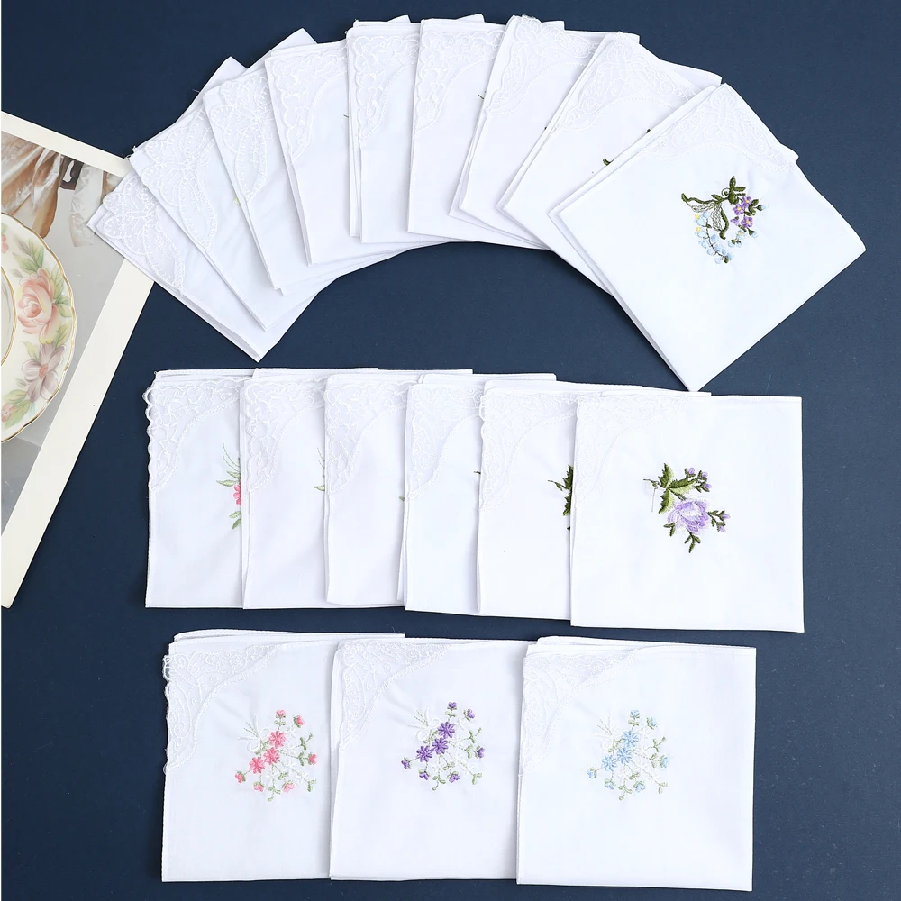 12 Pack of Women's Elegant Lace Embroidered Handkerchiefs, Pure Cotton Handkerchiefs, Thin and Soft, Wedding Season Bridal Souvenirs, Mother's Day Gifts