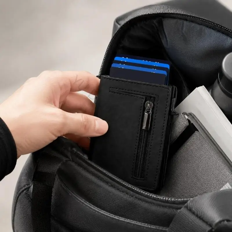 96BA Side-Controlled Popping up Card Holders Bag with Stitched PU Exterior Edges