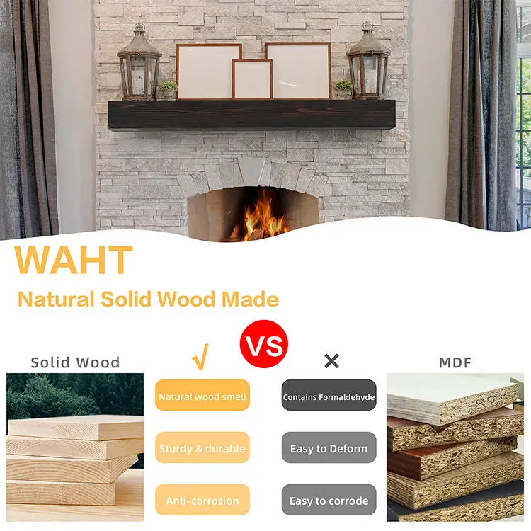 Mantel de chimenea de madera natural rústica de 60", estante flotante y montado en la pared para decoración del hogar