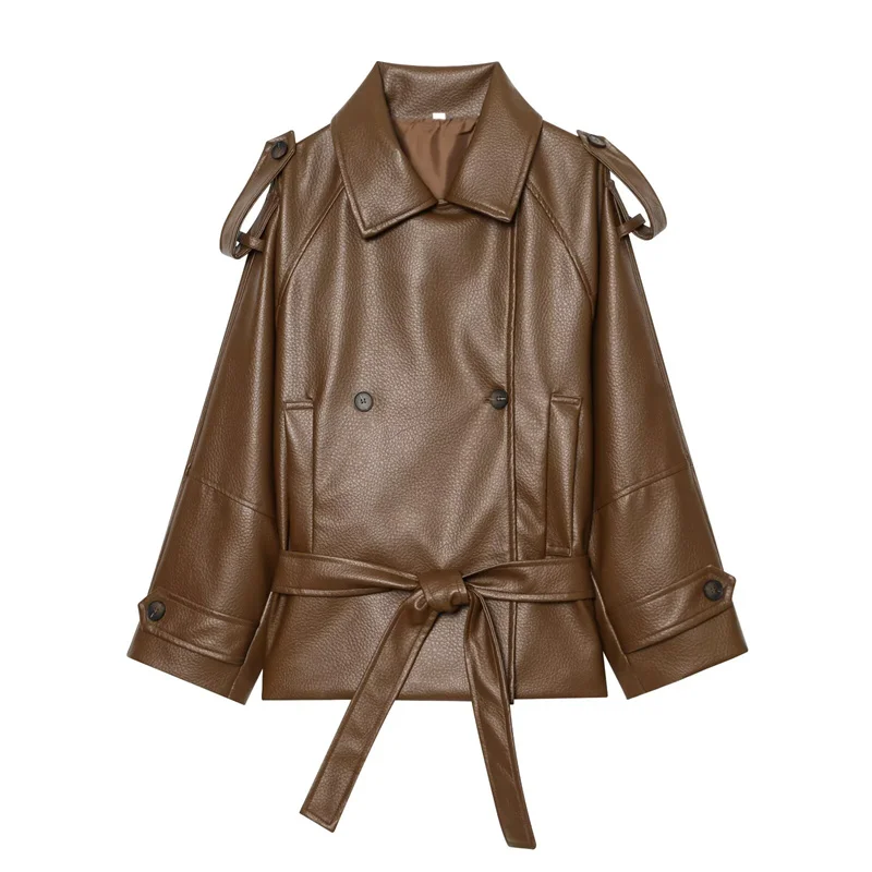 New Fashion Faux Leather Short Trench Coat, Casual and Versatile, Elegant and Stylish
