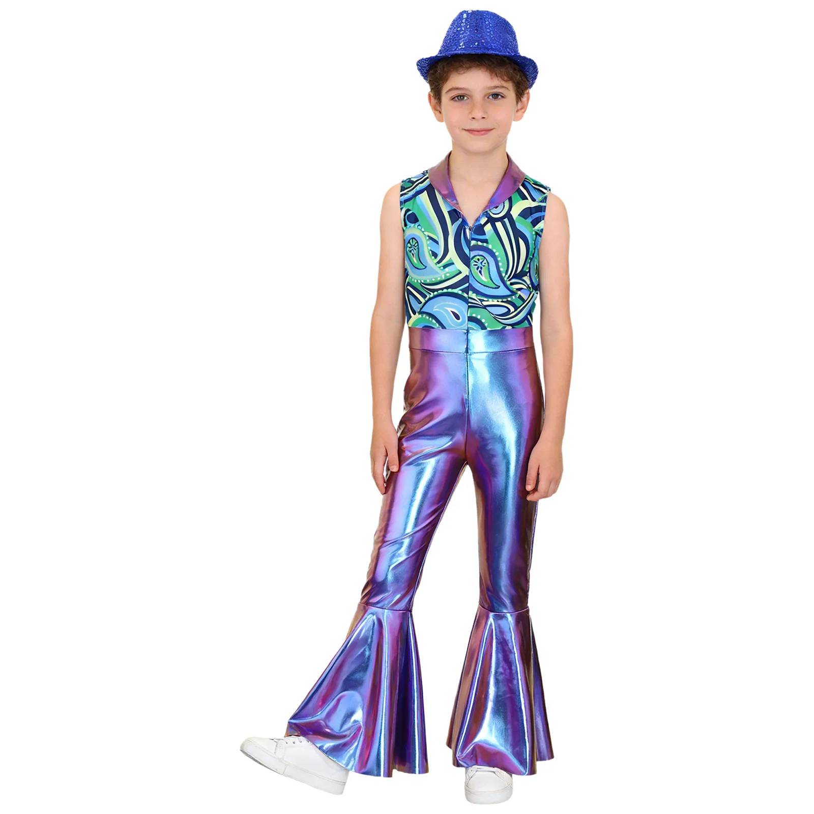 

Детский комплект из 2 предметов для мальчиков: блестящий металлический комбинезон без рукавов с принтом и расклешенными брюками, а также шляпа-федора с пайетками для вечеринки на Хэллоуин