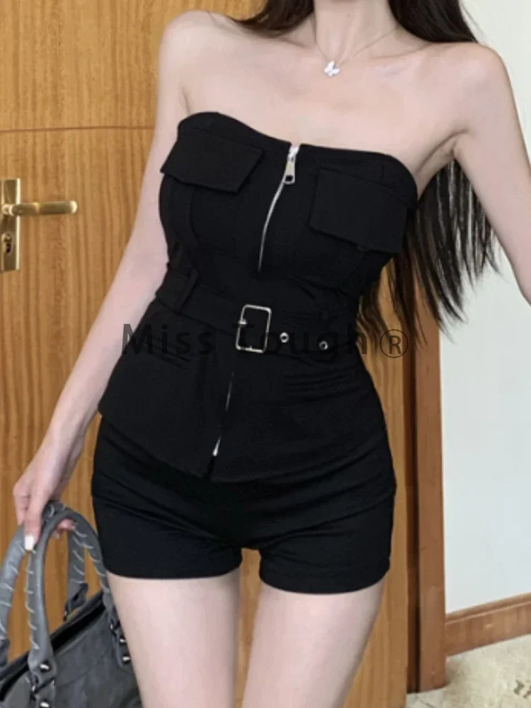 Gothic Grunge Chic Slim Strapless 2 Piece Set Women Fashion Y2k Skinny Zipper Off Shoulder Tops + Sexy High Waist Short Pants