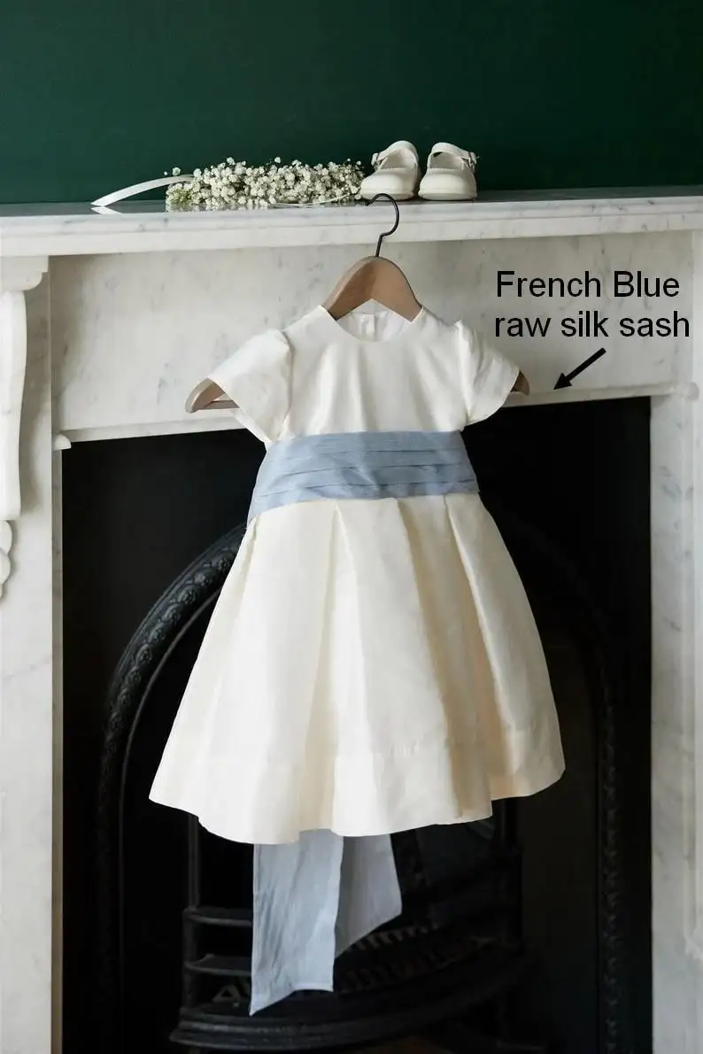 T-length Flower Girl dress classic ivory silk with ivory sash and bow Puffy straight sleeves. Under Petticoat,girl wedding dress