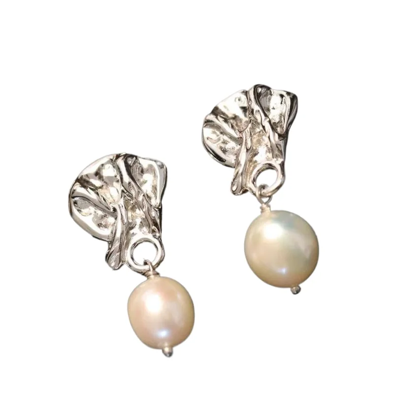 

925 sterling silver texture geometric pearl new Chinese style earrings temperament versatile ethnic style stud earrings women