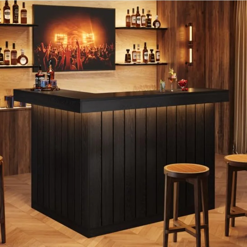 L Shaped Bar Table 4-Tier Corner Liquor Shelf Wine Glass Holder Industrial Cabinet Reception Desk Brown Customized