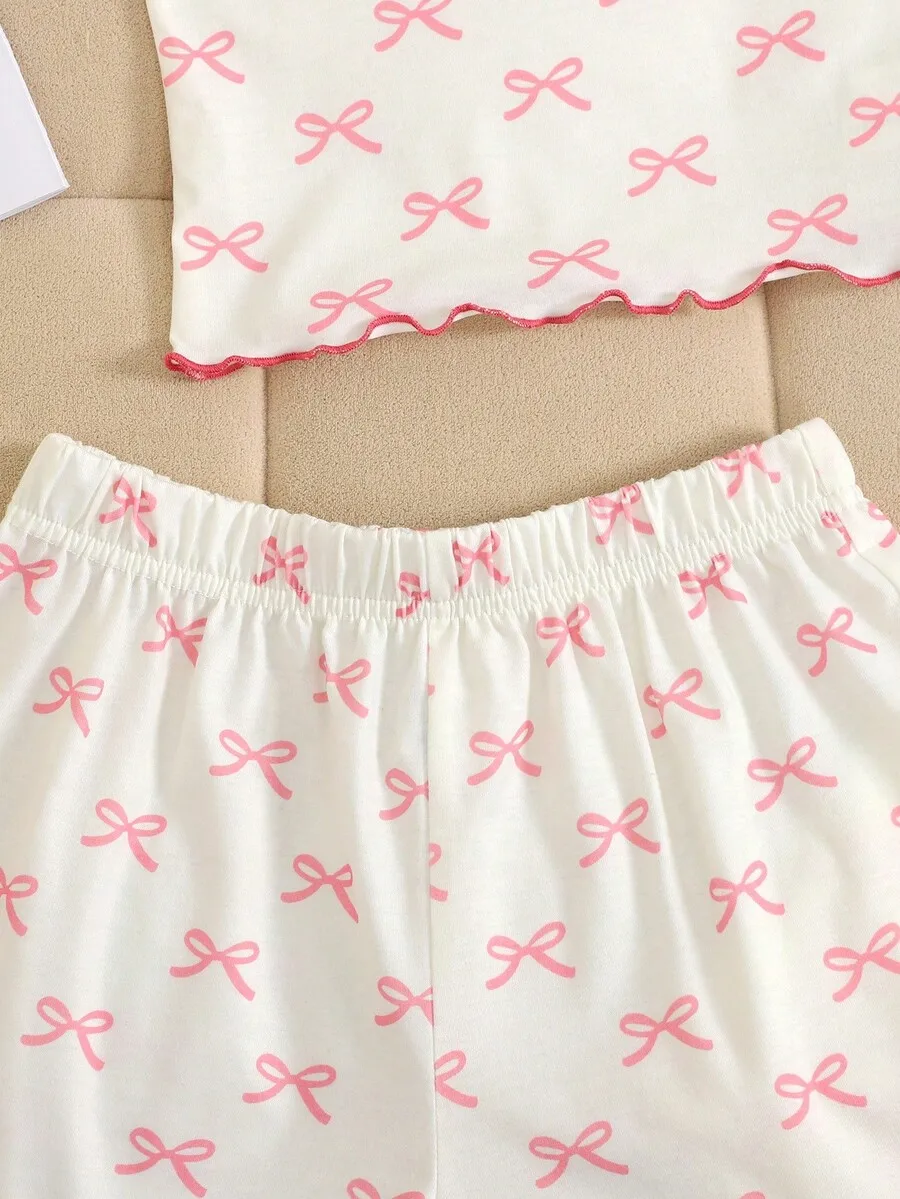 

Womens Pink Bow Print Knit Pajama Set Camisole Shorts And Long Pants