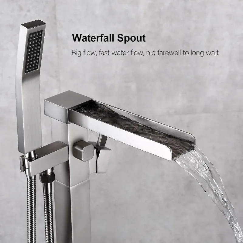 Bathtub Faucet Tub Filler Handle with Hand Shower (Waterfall Style B, Brushed Nickel)，home.