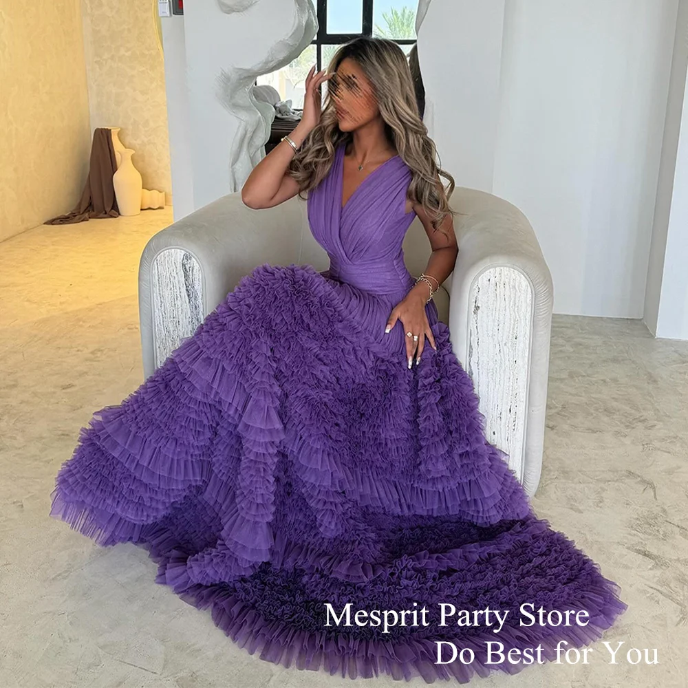 Lavender Evening Dress Saud Arab Prom Gown V Neck Sleeveless Pleat Ruffles Tulle Formal Occasion Dresses Arabian Party Gowns