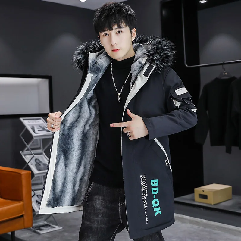 Fashion 2024 Autumn Winter Men\'s Warm Hooded Fleece Jacket Streetwear Loose Thicken Mid-Length Plush Coat Youth Windproof Parkas