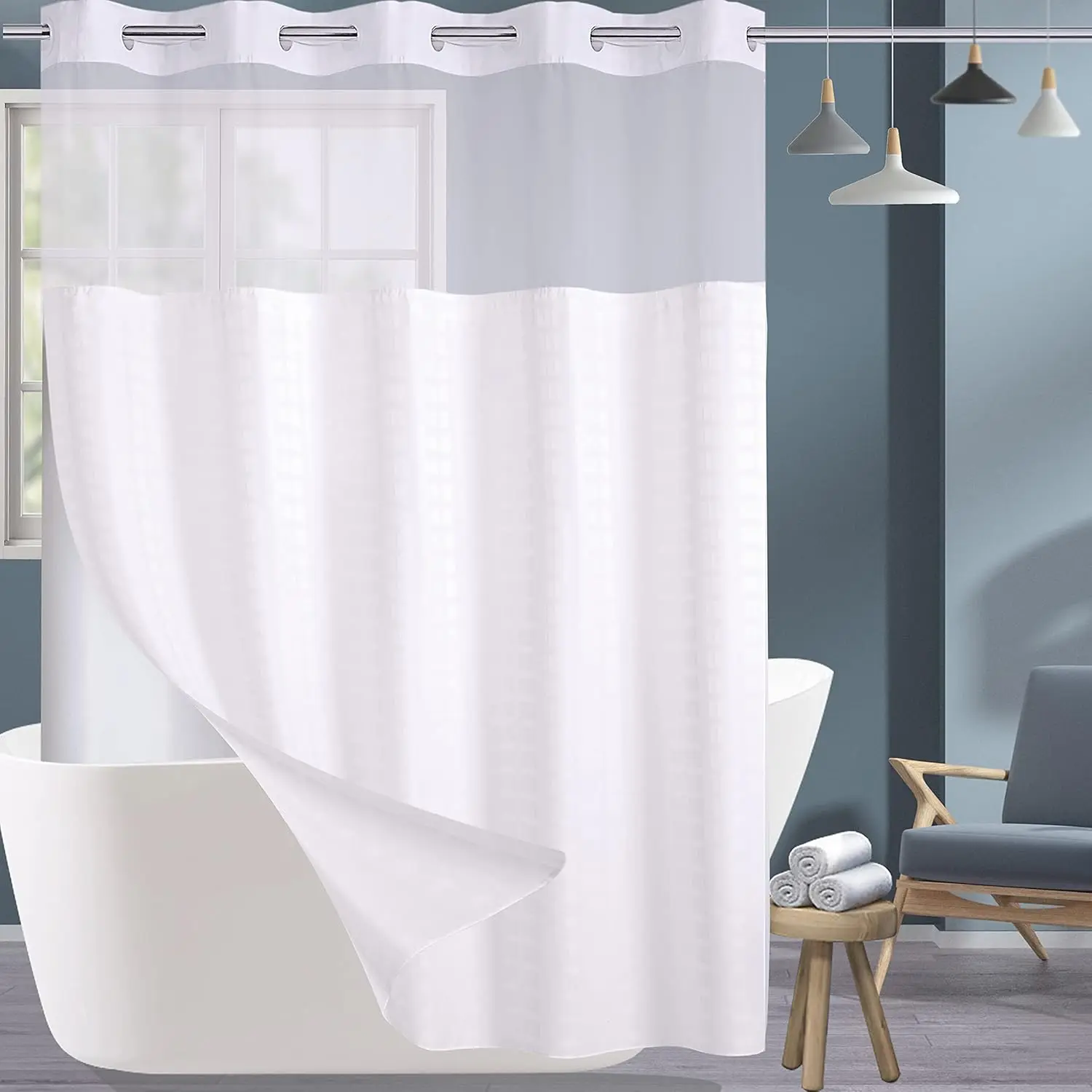 

Luxury White Fabric Shower Curtain with Snap-In Liner & See-Through Top Window, 71x74 Inches, Washable & Waterproof