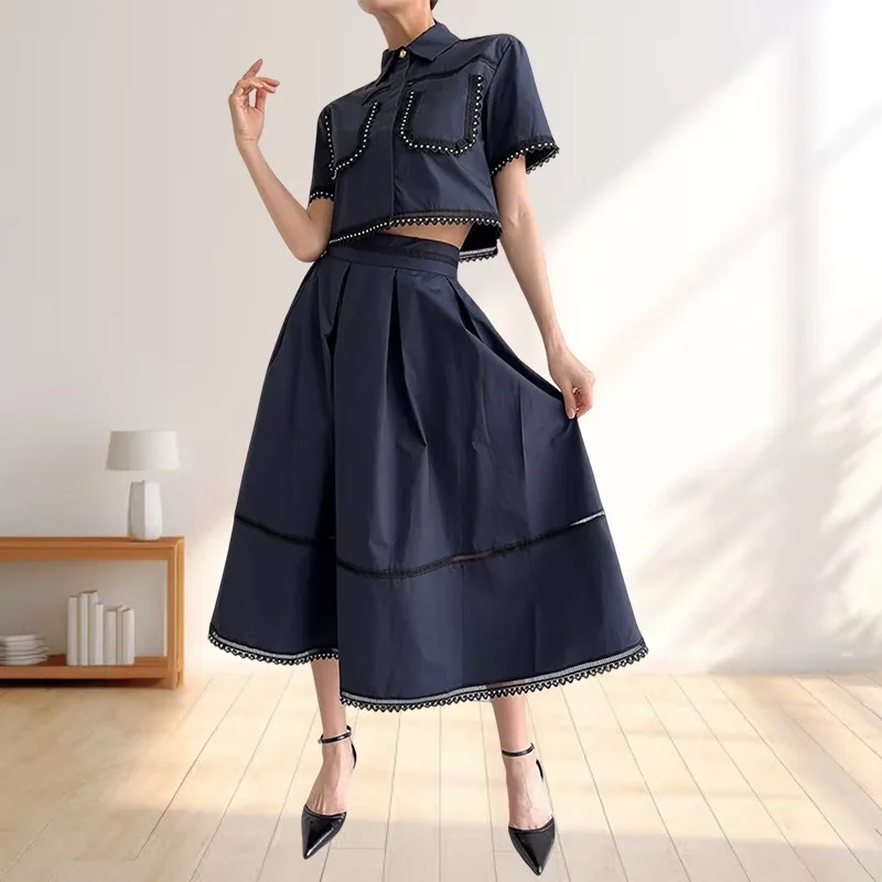 

Новая летняя короткая рубашка с короткими рукавами и лацканами, юбка трапециевидной формы с высокой талией, полуюбка, костюм-двойка, элегантная французская официальная одежда