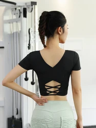 Fashion Crop Top Back Cross Open Back Design Crew Neck Breathable Quick Dry High Elastic Yoga Tank Top For Women