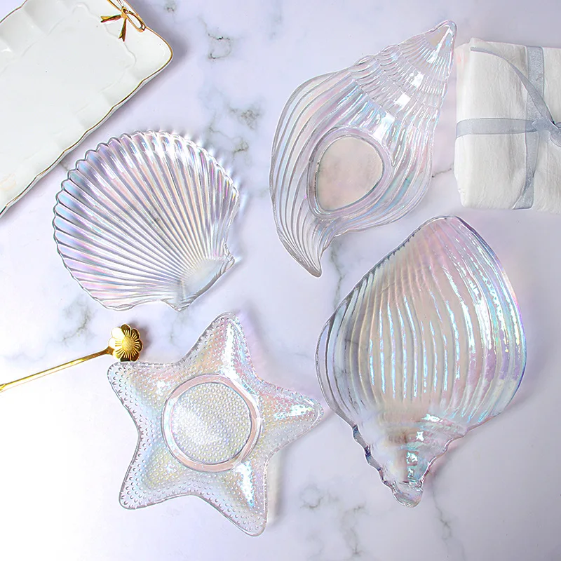 Crystal Glass Dish Plate, Gold Rim, Sea Features, Snail, Starfish, Scallop Shape, Transparent Rainbow, Factory Wholesale