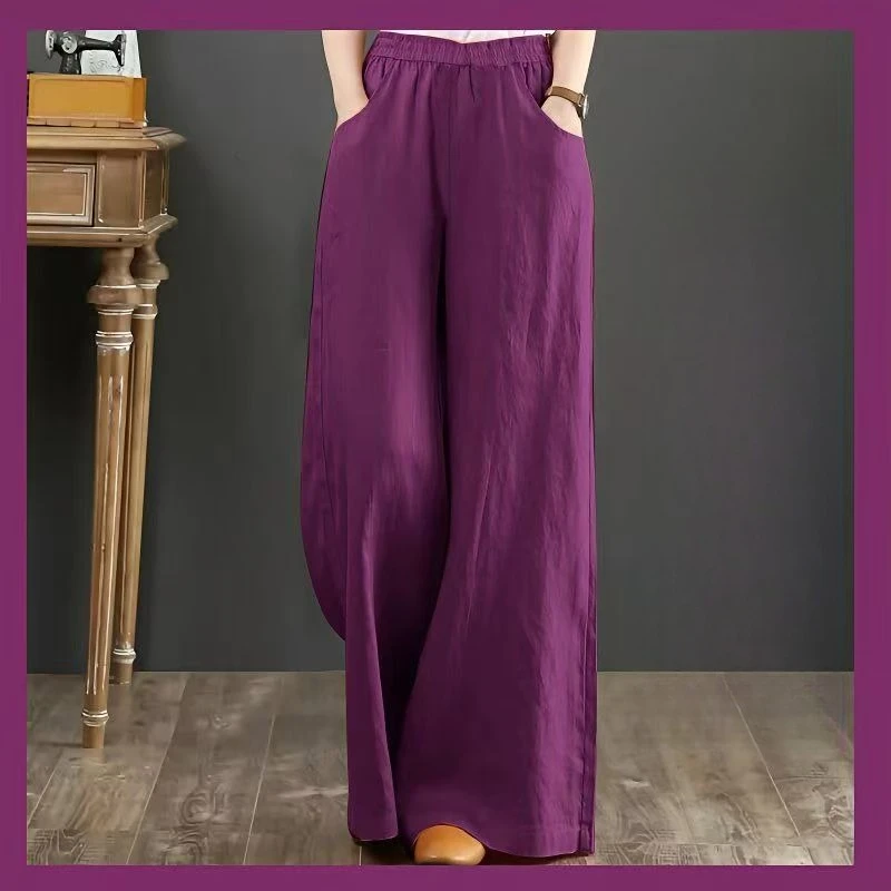 Женские льняные широкие брюки с высокой талией и эластичной резинкой на талии. Женские брюки из хлопка и льна со свободной драпировкой из хлопка и льна.