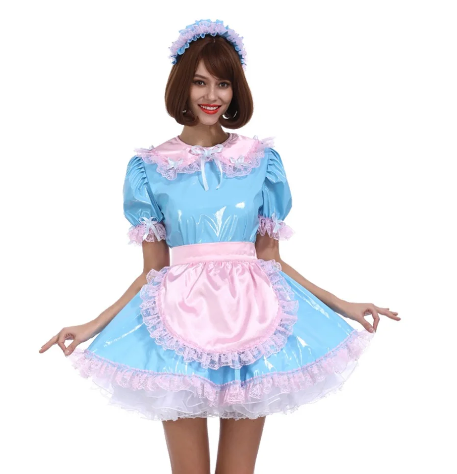 Hot Selling Sissy Blue Girl Princess Customized PVC Spliced Pink Lace Dress Uniforms Maid Costume Role Playing Costume Customiza