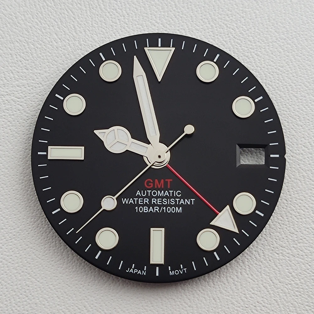 28,5 мм циферблат NH34 стрелки GMT четыре стрелки зеленый светящийся циферблат для часов NH34 модифицированный механизм запасные части для часов