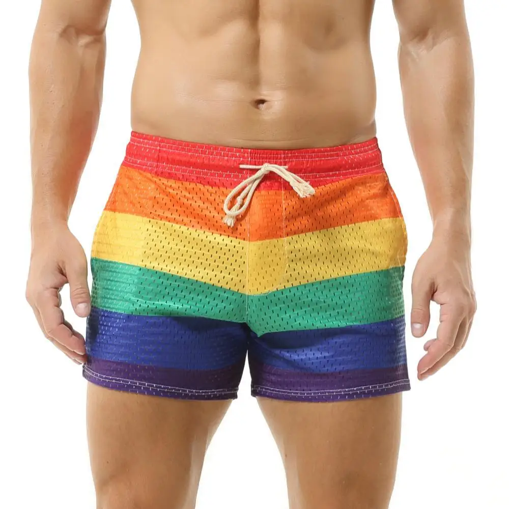 Men\'s Shorts Rainbow Stripe Fashion Casual Shorts Mesh Breathable Drawstring Sports Shorts Gym Men Boxer Shorts Bottoms Pocket