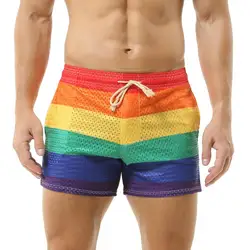 Men's Shorts Rainbow Stripe Fashion Casual Shorts Mesh Breathable Drawstring Sports Shorts Gym Men Boxer Shorts Bottoms Pocket