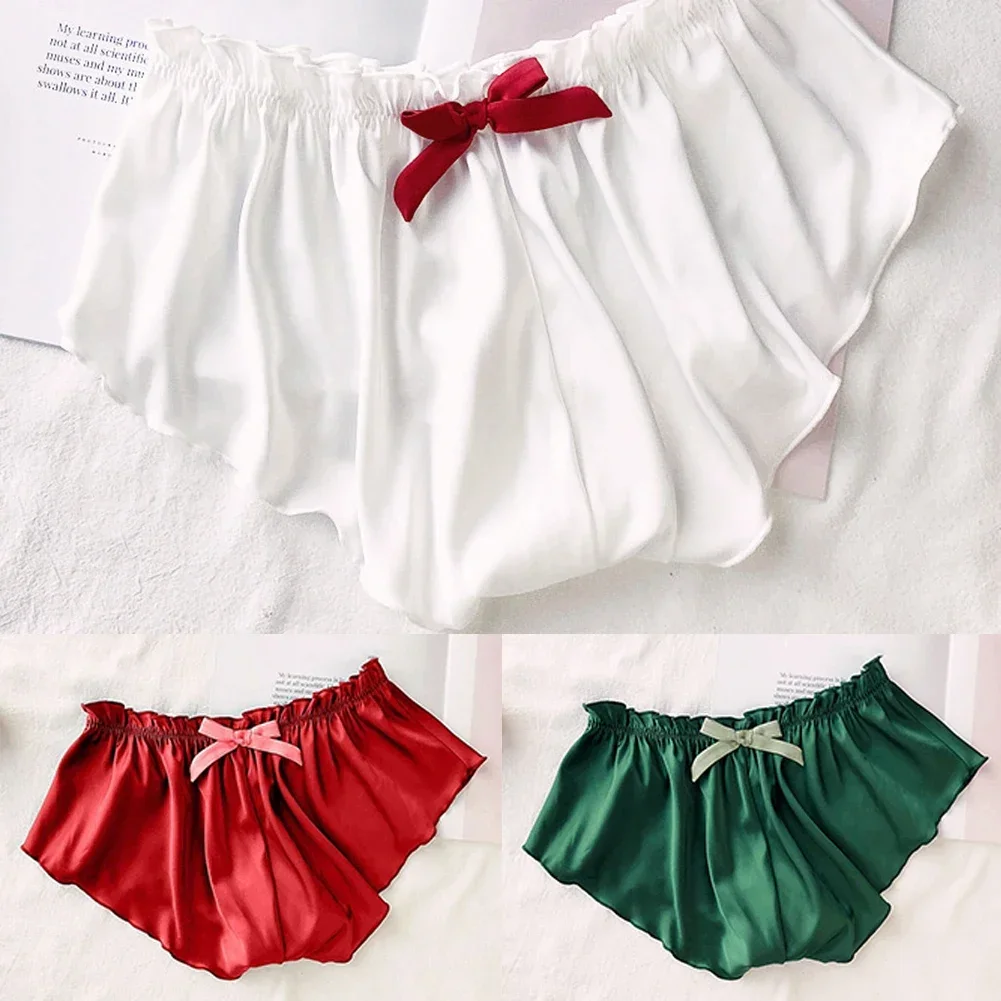 

Women Ice Silk Satin Solid Lingerie Soft Loose Casual Elastic Pajamas Bottom Underwear Pleated Bow Underpants Cute Shorts Brief