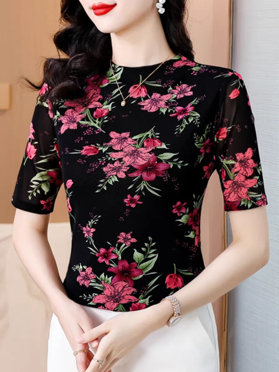 Summer Casual Slim Women\'s Floral Painting T Shirts O Neck Basic Tops Fashion Print Clothing