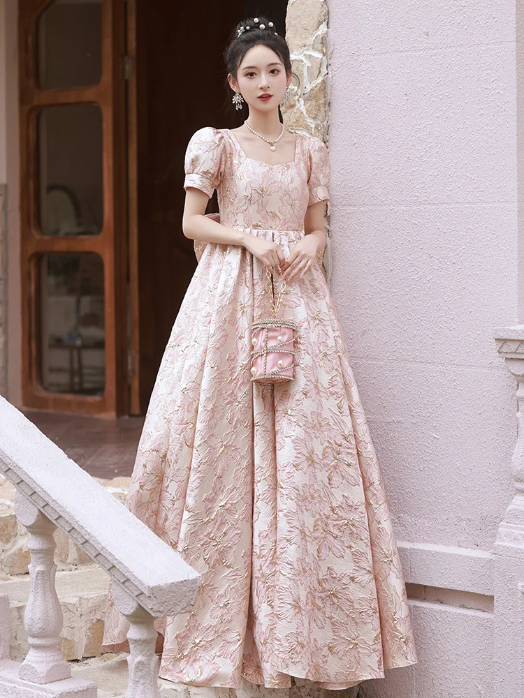 Pink Luxury Evening Dress Women's Elegant Flower Print Princess Bubble Sleeve Lace Up Bow Quinceanera Gown A-Line Prom Vesido