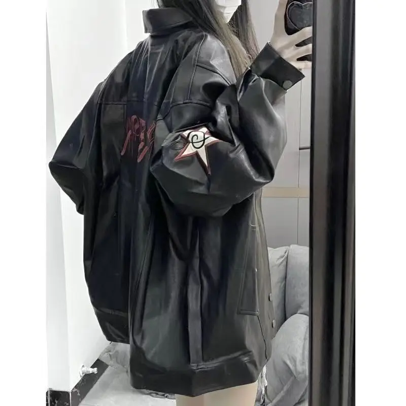 Vintage kobiety kurtka skórzana gwiazdy haft Bomber kurtka Oversized Streetwear Moto PU Outerwear koreański styl płaszcz skórzany