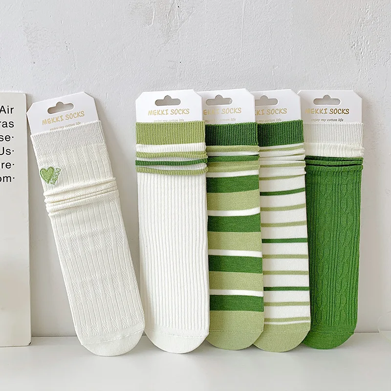 5 Pairs/lot Summer Spring Striped Socks Thin Cotton Medium Tube Socks Ins  Embroidery Love Sweet Pile Socks Green Socks