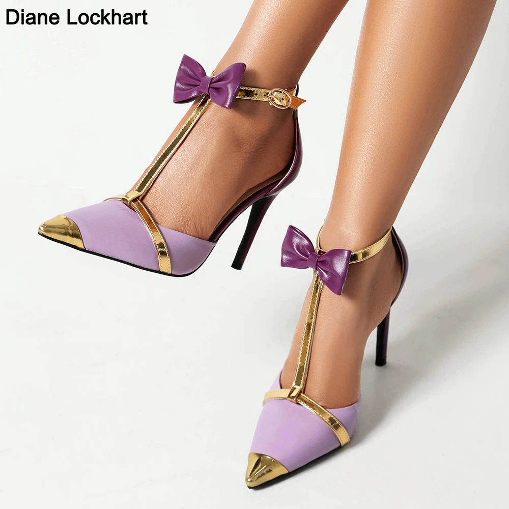 New Design Luxury Glod Purple Stilettos Pointed Toe T-strap High Heels Women Sandals Summer Party Dress Prom Shoes Pumps 2024